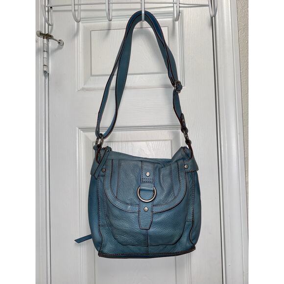 Vintage Y2K Fossil Robin Egg Blue Cross Body Pebble Leather Bag Retro Utility - Picture 2 of 11